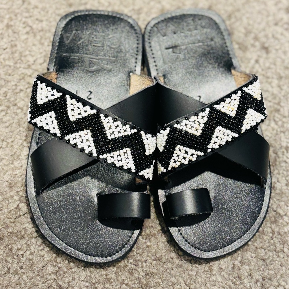 Stylish Black and White Beaded Sandals